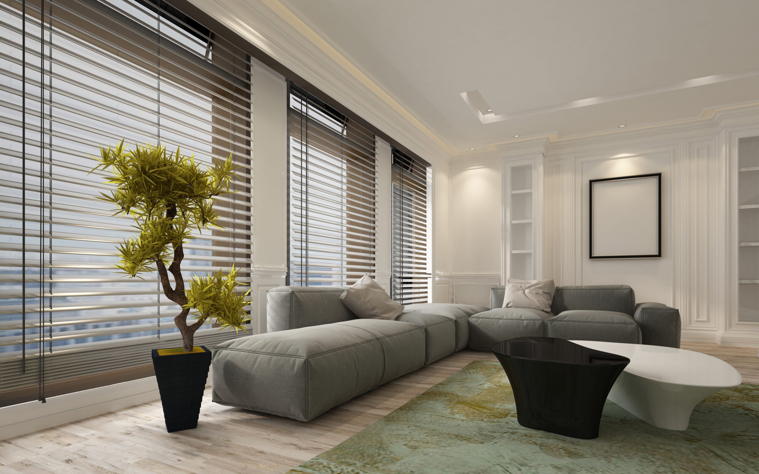 Modern living room featuring gray sectional sofa, decorative indoor plant, and stylish window blinds, showcasing natural light filtering and elegant interior design suitable for Naperville homes.