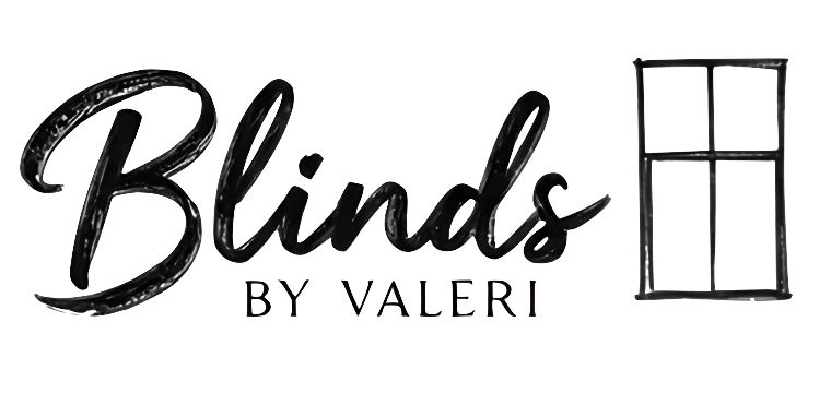 Blinds by Valeri logo featuring elegant script and window graphic, representing custom drapery solutions for home decor.