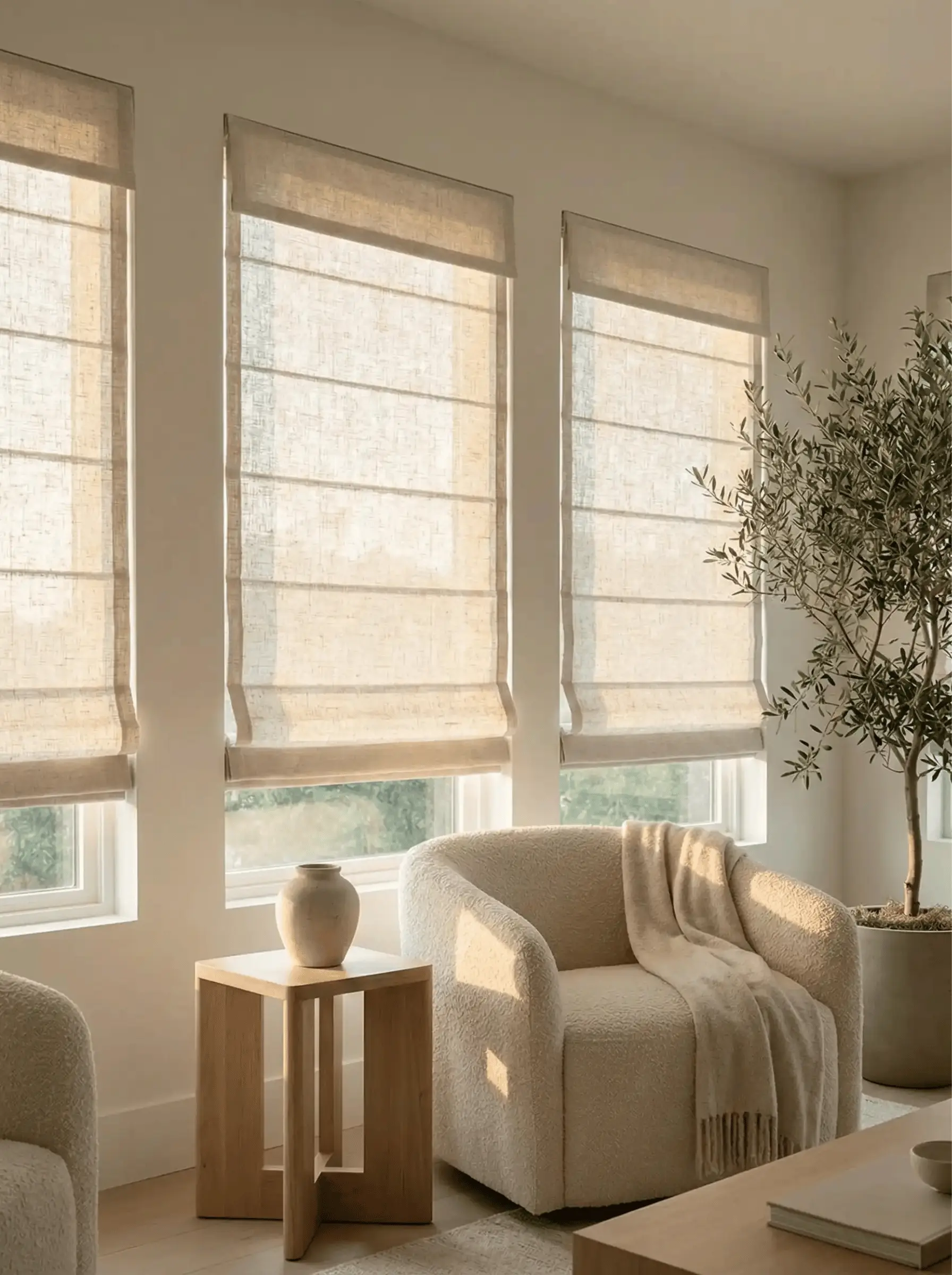 Living room featuring custom Roman shades, cozy armchairs, a wooden side table with a vase, and a potted plant, showcasing a warm and inviting interior design by Blinds by Valeri.