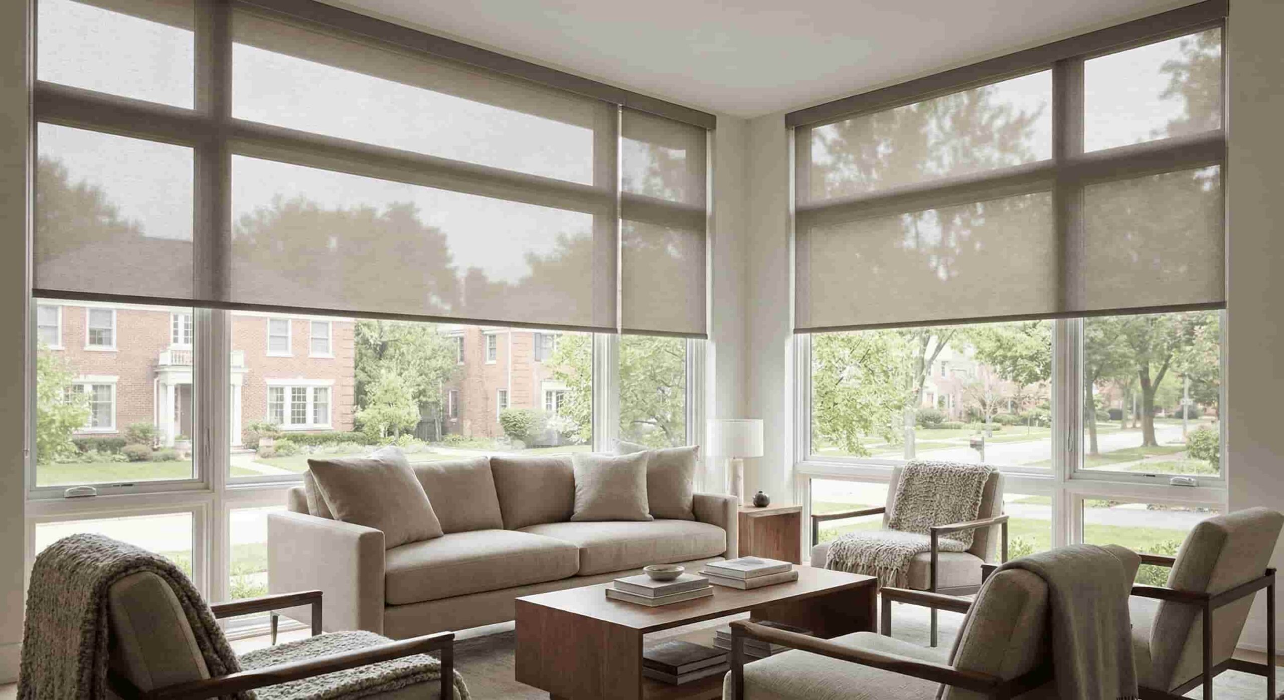 Motorized roller shades in a modern living room setting, showcasing sleek design and functionality, with a view of a suburban street outside.