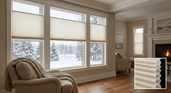 Cellular shades in a cozy living room setting, showcasing energy-efficient window treatments ideal for Wisconsin homes, with a close-up of the honeycomb structure.